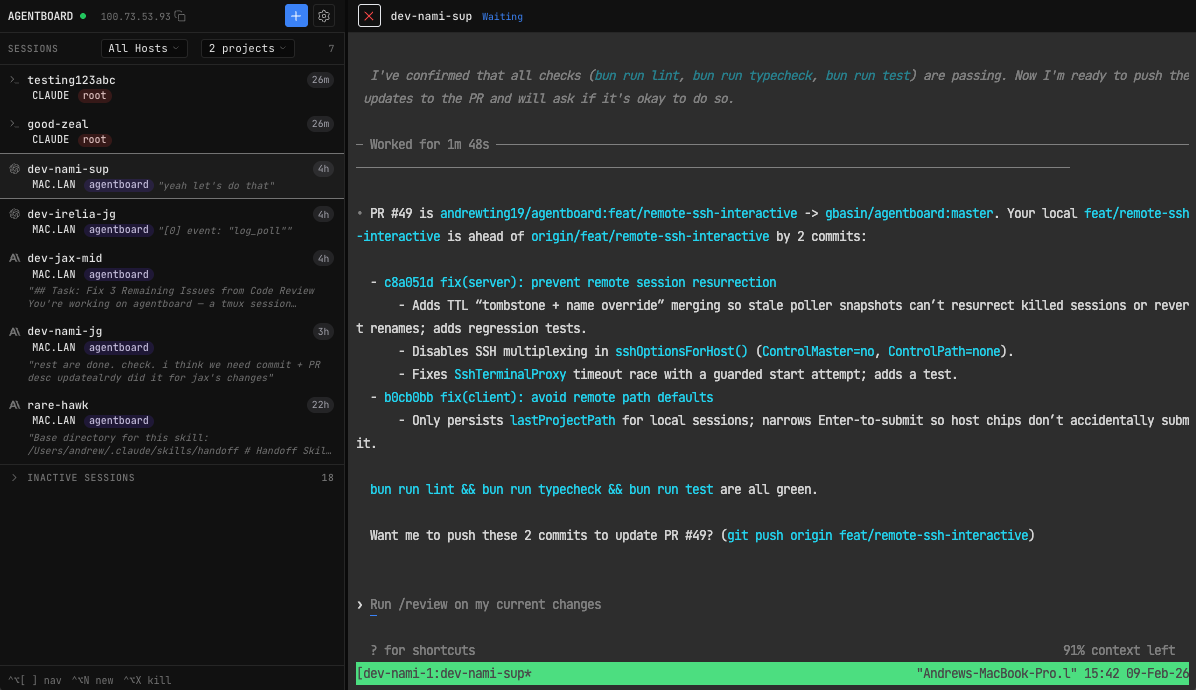 Agentboard showing multiple Claude Code sessions running in a browser-based tmux layout